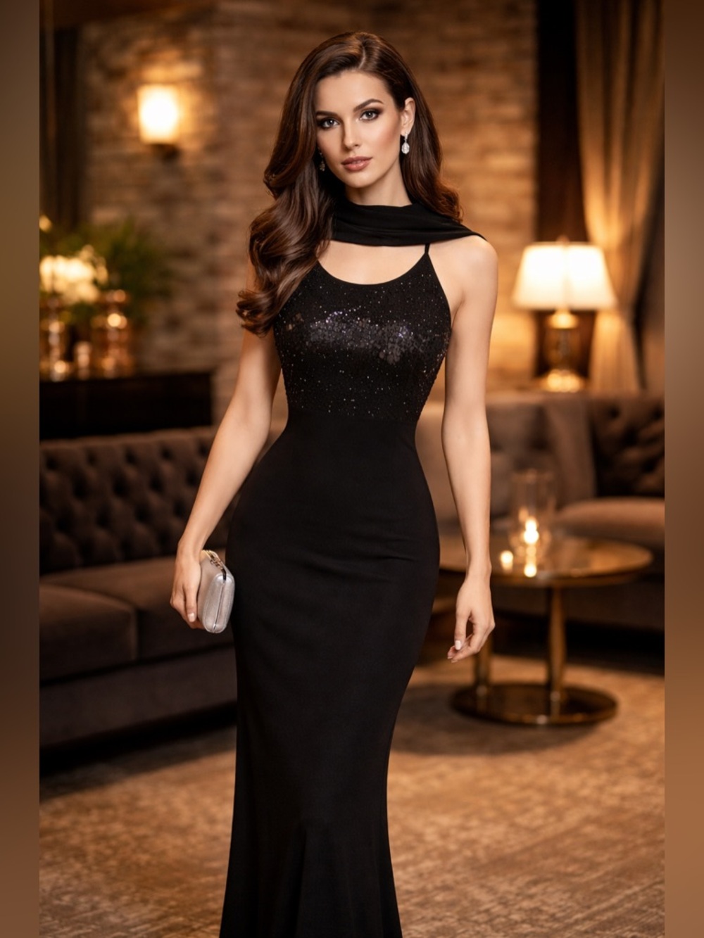 CACHET Women’s Y2K Spaghetti Strap Sequin Top Maxi Evening Dress & Shawl Set 14